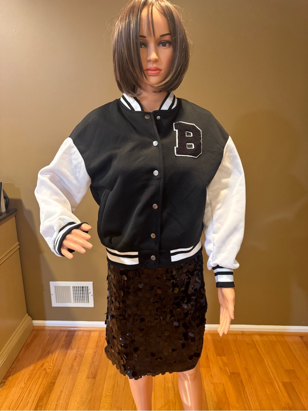 SHEIN Black and White Varsity Jacket with 'B' Patch